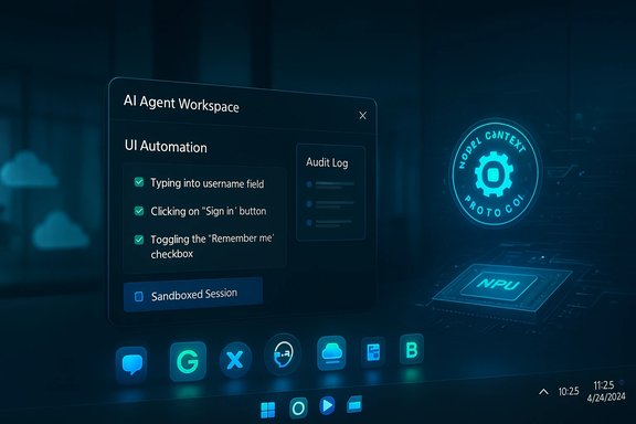 Futuristic AI agent workspace interface featuring a UI automation checklist and audit log.