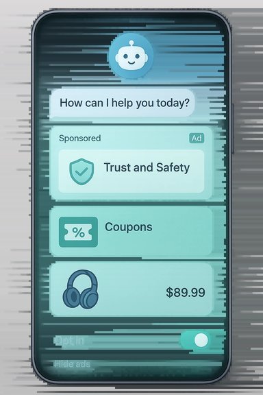 Smartphone screen shows a chatbot interface with help options like Trust & Safety and Coupons.