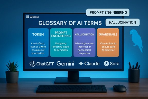 Monitor shows a Glossary of AI Terms with colorful cards: Token, Prompt Engineering, Hallucination, Guardrails.