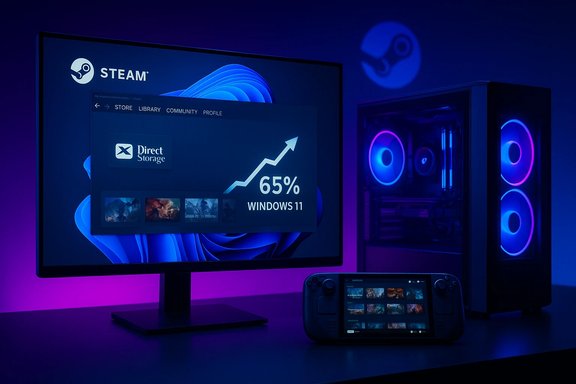 A gaming setup featuring a Steam screen, a Steam Deck, and an RGB-lit PC tower.