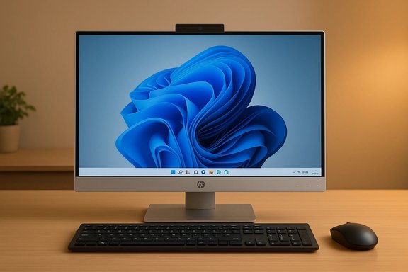 HP all-in-one desktop with keyboard and mouse on a wooden desk.