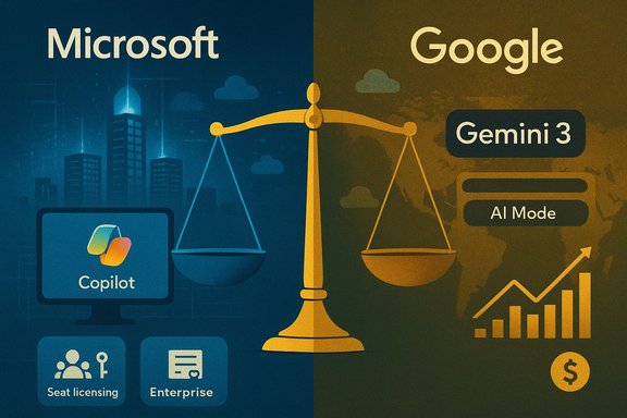 A split illustration pits Microsoft Copilot against Google Gemini 3, with a central balance scale and AI-themed icons.