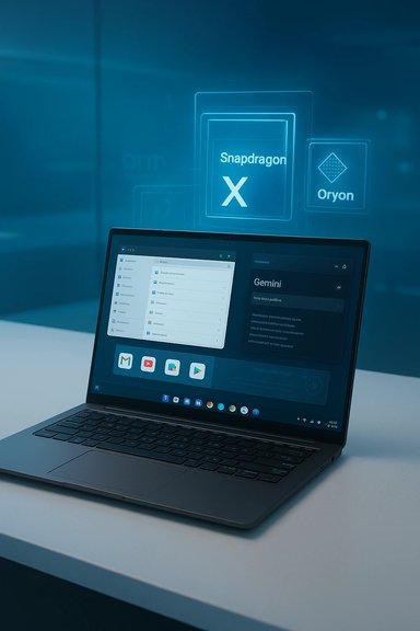 A laptop on a desk with blue holographic Snapdragon X and Oryon logos projected in the background.
