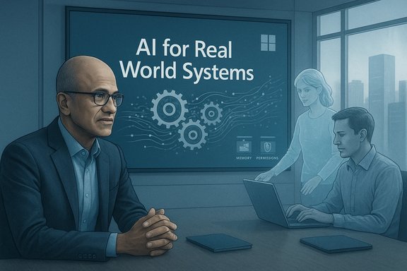 A business meeting about AI for real-world systems in a modern office.