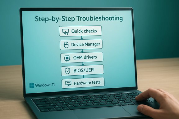 Laptop screen shows a step-by-step Windows 11 troubleshooting flowchart.