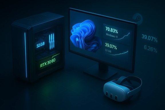 Futuristic PC setup with RTX 3060, Windows 11 display, and a VR headset.