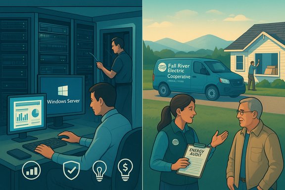 Split view of a Windows Server data center and a home energy audit by Fall River Electric.