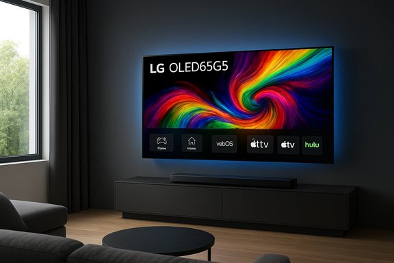 Modern living room with an LG OLED65G5 mounted on the wall, blue glow, soundbar, and sleek cabinet.