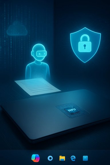 Holographic user with VR headset beside an NPU laptop, with cloud and shield icons. Holographic user with VR headset beside an NPU laptop, with cloud and shield icons.