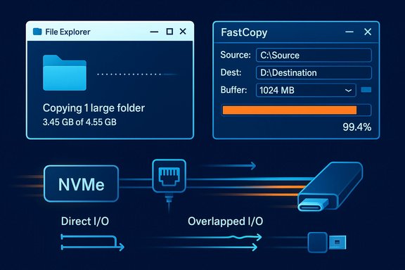 Neon blue UI showing a file copy in progress and an NVMe I/O diagram.