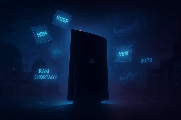 PS5 console surrounded by blue holograms about RAM shortages and memory types.