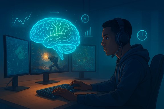 A gamer wearing a headset sits at a triple-monitor setup, watching a glowing brain hologram.