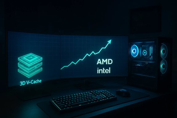 Neon-blue gaming setup with curved monitor showing 3D V-Cache and an AMD-Intel growth chart.