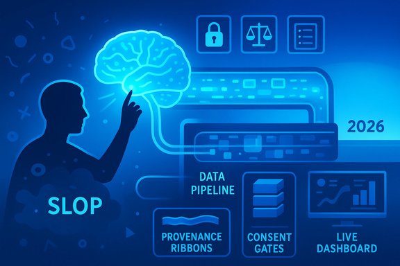 Blue-toned illustration of a brain guiding a data pipeline with dashboards and security icons.