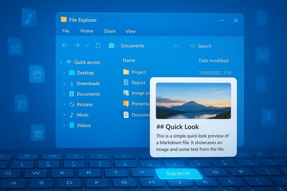 Blue-tinted Windows File Explorer with a floating Quick Look preview over a keyboard.