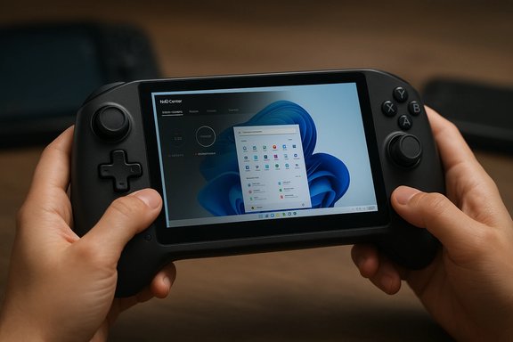 Person holds a handheld gaming console displaying a Windows 11 desktop on its screen.