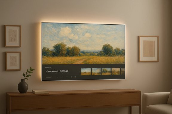 Cozy living room with a large backlit Impressionist landscape painting flanked by minimalist art.