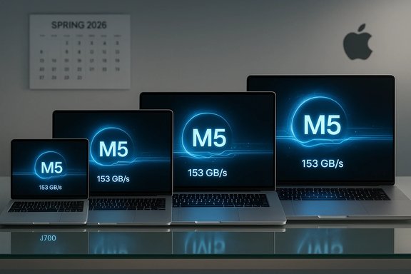 Row of Apple laptops displaying glowing M5 and 153 GB/s across screens.