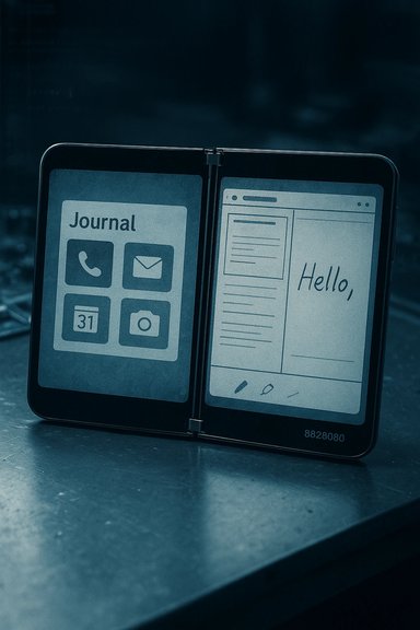 A dual-screen device shows a Journal app on the left and a 'Hello,' note on the right.