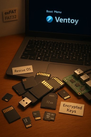 Laptop with Boot Menu Ventoy, surrounded by USB drives and SD cards labeled Rescue OS and Encrypted Keys.