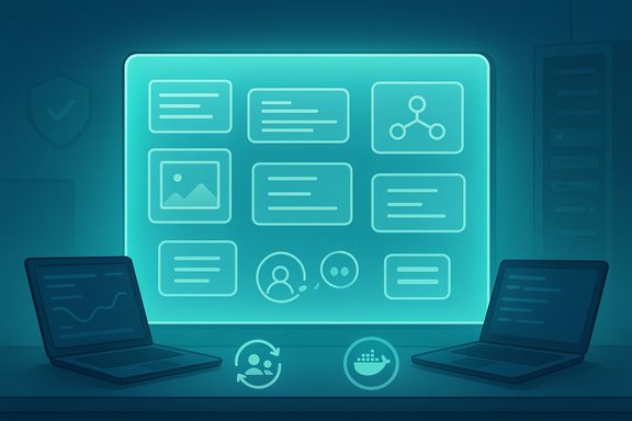 Two laptops face a glowing dashboard filled with icons in a high-tech security lab.