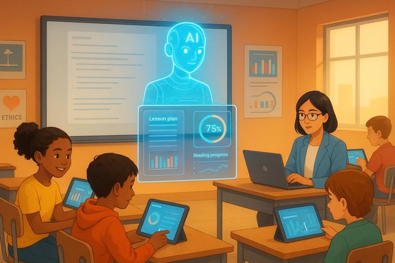 Students use tablets in a bright classroom as a holographic AI tutor displays lesson progress.