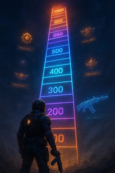 A lone soldier gazes at a glowing neon ladder of prestige levels in a dark battlefield.