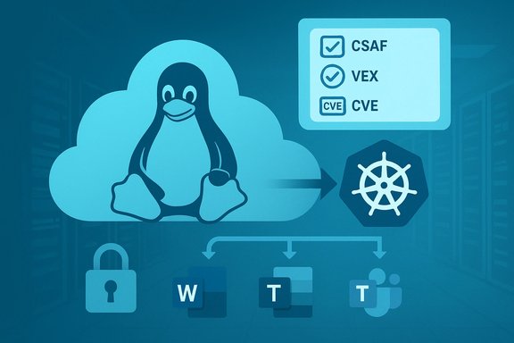 Blue cloud security diagram showing Linux’s Tux, Kubernetes wheel, CVE checklist, and Office apps.