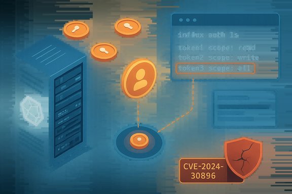 Illustration of a server with user tokens, code window, and a CVE-2024-30896 security shield.