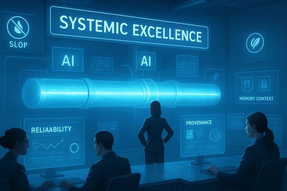 In a futuristic control room, analysts monitor AI dashboards around a glowing data conduit.