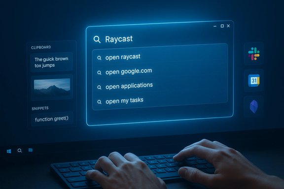 Futuristic holographic UI for Raycast floats above a keyboard with search results.