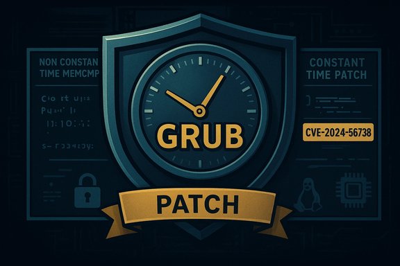 Shield badge for GRUB patch addressing CVE-2024-56738 security flaw.