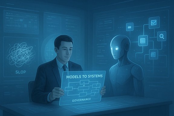 A man in a suit and a glowing humanoid robot review governance models on a holographic display. A man in a suit and a glowing humanoid robot review governance models on a holographic display.
