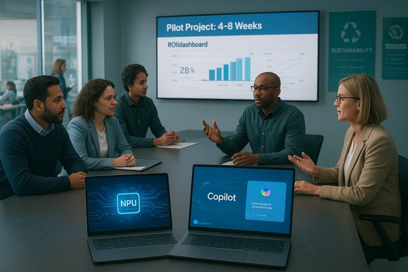 Diverse team discusses a pilot project in a modern conference room, charts displayed on the screen.