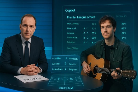 A suited host and a guitarist sit at a futuristic desk, with a holographic Premier League scores board. A suited host and a guitarist sit at a futuristic desk, with a holographic Premier League scores board.
