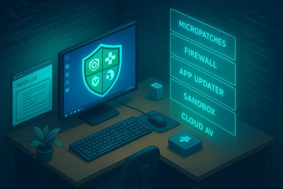 Cybersecurity workstation with a glowing shield on the monitor and a floating HUD of security modules.