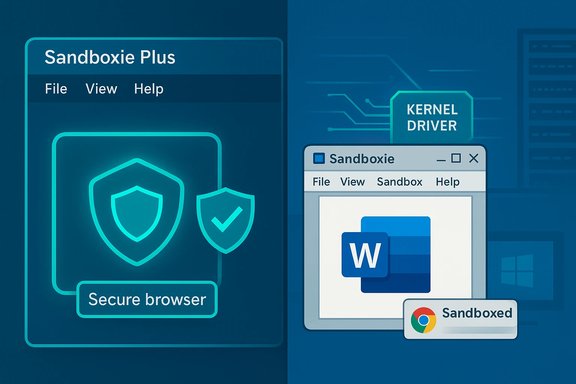 Blue tech illustration of sandboxing: secure browser, kernel driver, and sandboxed apps.