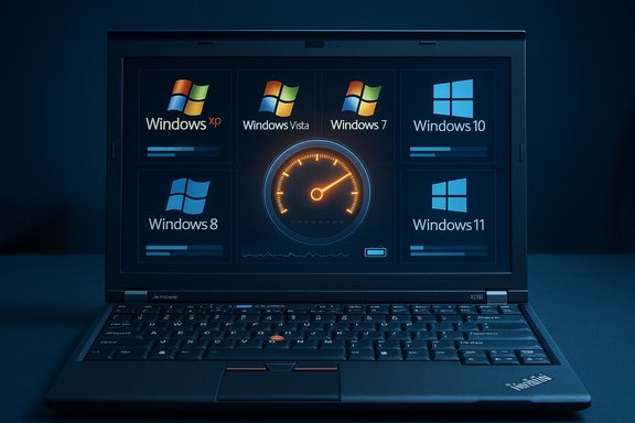 Laptop screen shows Windows OS logos arranged around a glowing speedometer.