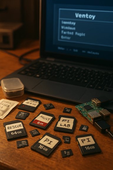 Labeled SD cards and a Raspberry Pi board sit on a desk beside a laptop.