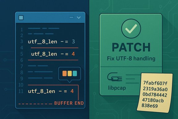 Split-screen illustration of a code editor debugging UTF-8 and a PATCH card to fix UTF-8 handling.