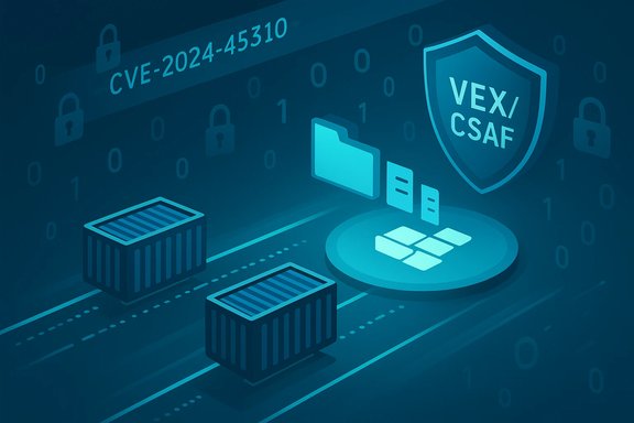 Isometric cybersecurity illustration featuring a VEX/CSAF shield guarding containers and data.