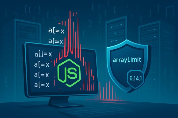 JS/Node.js security illustration: code on a monitor with a shield labeled arrayLimit.
