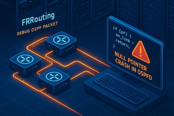 FRRouting lab visualizing OSPF packets; a monitor warns of a null pointer crash in OSPFD.