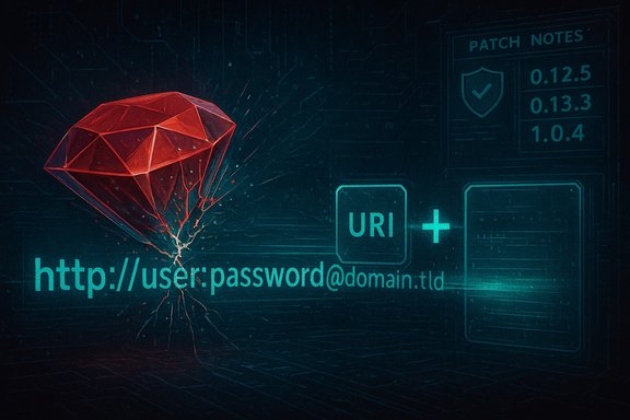 A red geometric gem cracks beside a URL containing credentials (user:password@domain.tld).