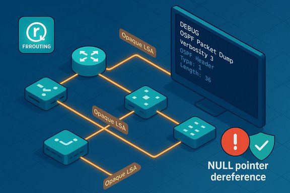 Diagram of OSPF routing with opaque LSAs and a NULL pointer dereference vulnerability.