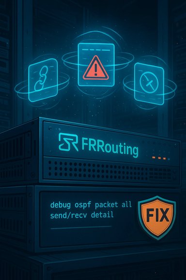 Data center rack running FRRouting, with alert icon and OSPF debug details.
