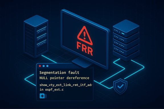 FRR warning on a monitor amid server racks, displaying a segmentation fault message.