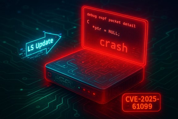 Neon-lit laptop shows a crash screen with CVE-2025-61099 and a blue 'LS Update' tag.