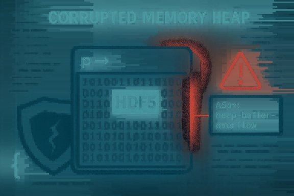Illustration of a corrupted memory heap featuring HDF5, binary data, and a red overflow warning.
