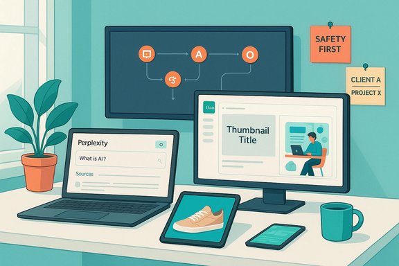 A modern multi-screen workspace with AI workflow diagram, notes, and a plant.